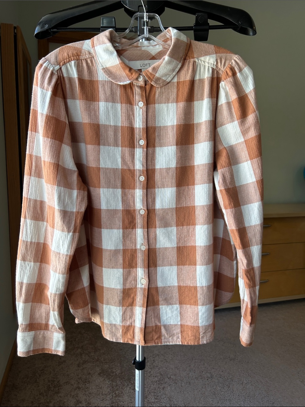 LOFT Peach and White Gingham Button-Down Shirt